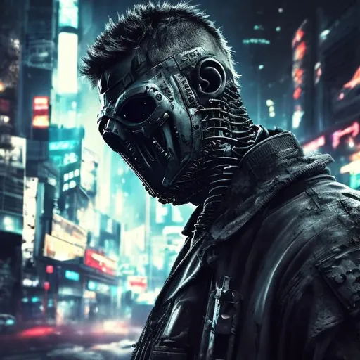 Prompt: Original villain. Future military armour with black and neon. Slow exposure. Detailed. Male masked. Blade in hand. Dirty. Dark and gritty. Post-apocalyptic Neo Tokyo. Futuristic. Shadows. Sinister. Evil. Bionic enhancements. Magic