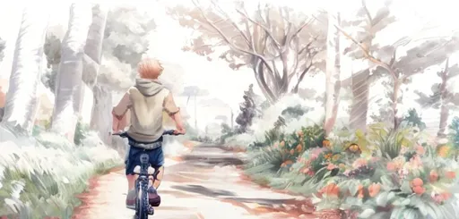 Prompt: highly detailed, boy riding bike on asphalt road, nature in background, art, concept art, 