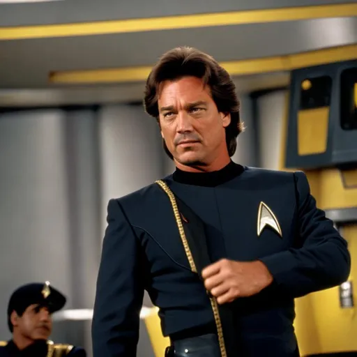 Prompt: Kevin Sorbo in a Starfleet uniform, in the style of Star Trek. {Star Trek: The Next Generation}