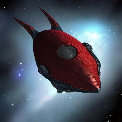 Prompt: A red and black alien spaceship which is shaped like a metallic stingray, flies through space.