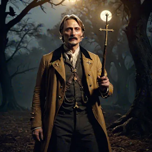 Prompt: An elder Mads Mikkelson with a trimmed mustache as a fearless vampire hunter, dressed in 1700's safari hunting clothes, holding a gold cross to ward off an attacking vampire, from a distance 