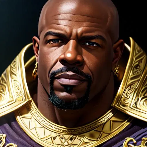 Prompt: UHD, 8k, high quality, ultra quality, cinematic lighting, special effects, Very detailed, high detailed face, high detailed eyes, medieval, fantasy, D&D, oil painting, full view of chatacter, full body, zoom out, Terry Crews, bald, golden armor, paladin