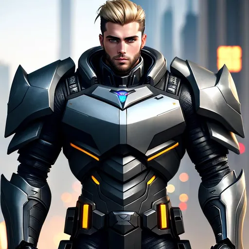 Prompt: Photo of ideal 25 year old male Gigachad wearing mechanized cyberpunk armor,

healthy body,
dirty-blond hair,

elegant, 
highly detailed, 
trending on artstation, 
excellent composition,
sharp focus,
bokeh,
bright lighting, 
16k