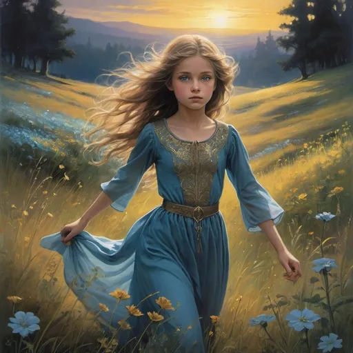 Prompt: In the twilight glow of a mystical evening, cover of this 1970s dark fantasy book. A young girl, dressed in an ethereal, flowing gown in shades of blue, gray, and white, dashes through a meadow teeming with vibrant flowers. The atmosphere is tinged with the enchantment of dusk, as the setting sun casts a warm, golden hue over the landscape.The girl's brown-gold locks cascade around her shoulders as she runs with an air of determination, and her piercing green-gold eyes reflect a hint of mystery and magic. The flowers in the meadow seem to respond to her presence, blooming in brilliant colors as she passes. In the background, shadows deepen, creating an otherworldly contrast to the vivid colors in the forefront.The cover art captures the essence of a dark fantasy adventure, promising a tale where the ordinary meets the extraordinary, where magic lies just beyond the meadow's edge, and where the girl's journey is a prelude to an epic and enchanting story