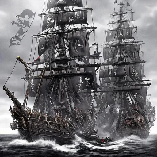 Prompt: 
Title: Massive Pirate Fleet under Grey Wolf Banner

Keywords:

Pirate Fleet: Draw a fleet of nearly 80 pirate ships sailing in a unified formation.
Black Sails: The ships should have black sails billowing in the wind.
Grey Wolf Emblem: Each ship should prominently display the Grey Wolf emblem on its sails or flags.
Camaraderie: Illustrate the crews of the ships showing a sense of unity and brotherhood.
Nautical Artistry: Pay attention to the intricate details of the ships' design, including sleek lines and sturdy masts.
Crow's Nests: Show crow's nests high above the ships' masts, with lookouts in them.
Cannons: Display dark cannons along the sides of the ships, indicating their firepower.
Skilled Crew: Depict the pirates as skilled and disciplined sailors, operating the ships with precision.
Sunset: Set the scene during a warm sunset, casting a golden glow on the fleet.
Majestic Display: Convey a sense of awe and power in the fleet's appearance.
Transformation: Show the pirates as formerly chaotic outlaws, now sailing under a new cause and banner.
Allegiance to Bazaaria: Emphasize the loyalty of the pirates to Bazaaria, represented by the Grey Wolf emblem.
Indomitable Strength: Illustrate the fleet as an unstoppable force, capable of reshaping the destiny of nations.
Maritime Prowess: Showcase the ships in action, displaying swift maneuvers and skillful navigation.
Treasure and Riches: Hint at the allure of wealth and prosperity that awaits the pirates under Bazaaria's wing.



