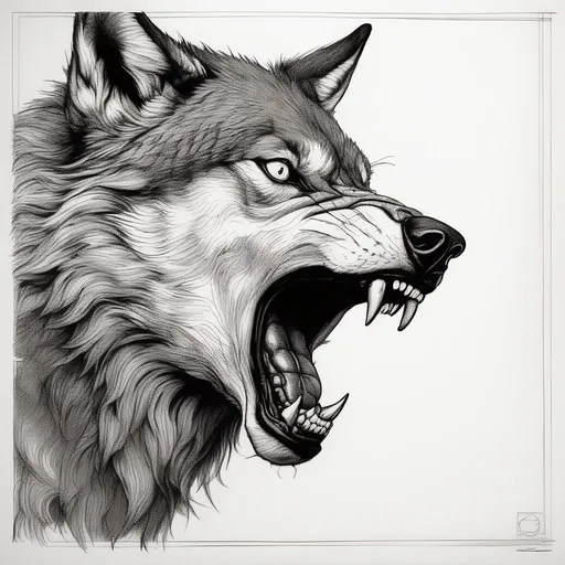 Prompt: Ink Illustration, Lineography, Ballpoint Pen , a wolf head snarling , centered,  side view  