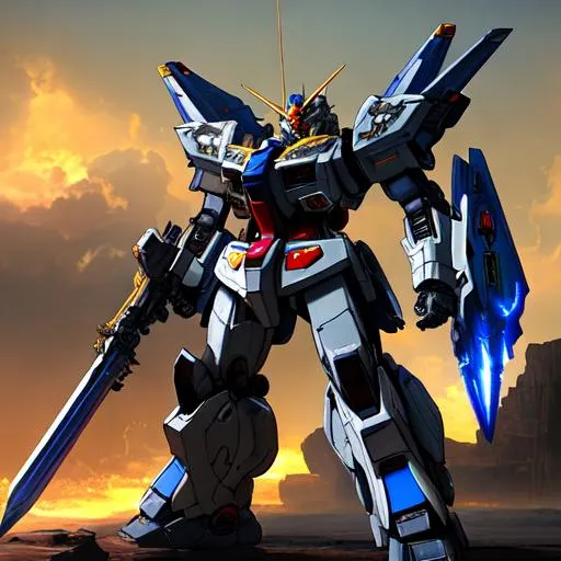 Prompt: Gundam, frame inversion, detailed face, large mech laser wings, large mech shield, large sword in its hand, armored core V Mech, hyperdetailed intricately detailed, unreal engine, fantastical, intricate detail, splash screen, complementary colors, concept art, 8k, cinematic, deviantart masterpiece,