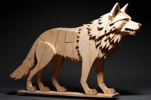 Prompt: a flat figure of a wolf made of wood