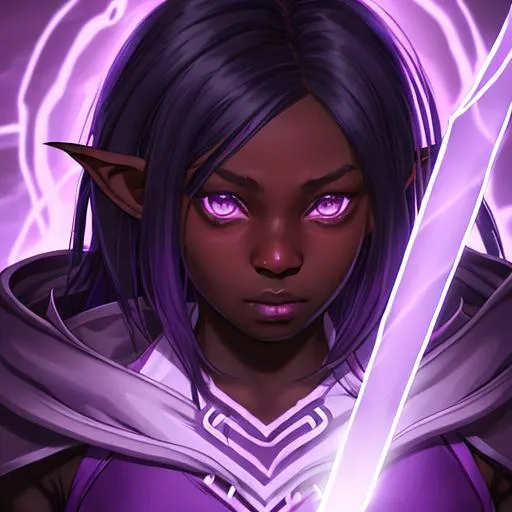 Prompt: Portrait of an adolescent, scared, innocent, beautiful tiefling girl with very dark ash skin, wearing thieve's garb holding two glowing, light purple psionic daggers in front of her chest