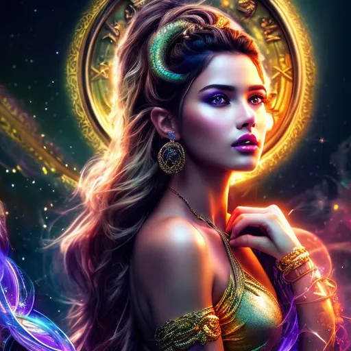 Prompt: HD 4k 3D 8k professional modeling photo hyper realistic beautiful woman ethereal greek goddess of fate and destiny
gold hair brown eyes gorgeous face brown skin purple shimmering dress jewelry half snake body serpent tattoo surrounded by magical glowing starlight hd landscape background of enchanting mystical cosmos