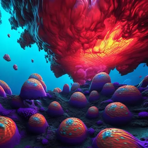 Prompt: Colorful 3D digital art of vibrant blue and transparent purple gas blobs rising from underwater volcano, radiant reddish glow, high-quality, detailed 3D rendering, underwater scene, vibrant color tones, glowing effects, dynamic composition, underwater volcano, vibrant blue and purple, radiant reddish glow, 3D digital art, high-quality, detailed rendering, vibrant colors, underwater scene