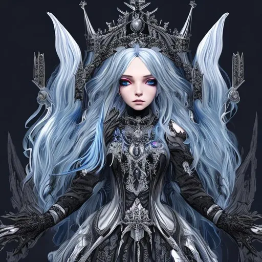 Prompt: Blue and silver haired queen with hyper detailed gothic dress and crown

