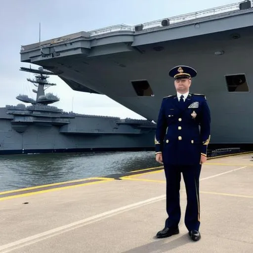 Prompt: A CAPTAIN STANDING ON HIS AIRCRAFT CARRIER 