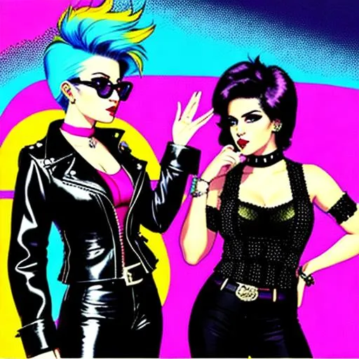 Prompt: Retro lesbian punk rock 70's vibe trippy comic style pop art goth punk fashion 

