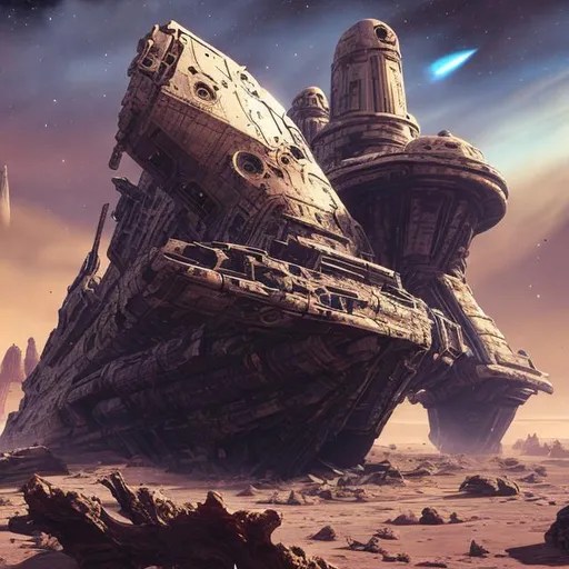 Prompt: star ship wreck rotting ancient war desert planet 
