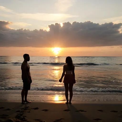 Prompt: couple facing sunset on beach, silhouette, beauty