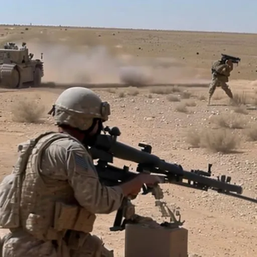 Prompt: Us military machine gunner firing at isis while there are people dead in the background 
