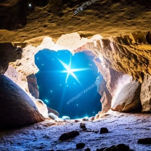 Prompt: beautiful image from inside cave, hole in front, sharp rocks, stars shining through hole in front