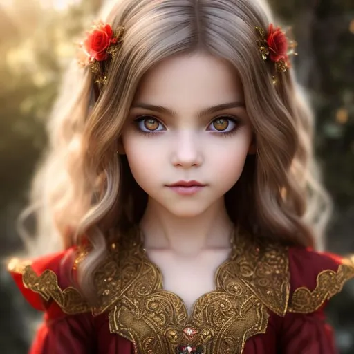Prompt: A  child female vampire with brown eyes, blonde, hair wearing a red dress medieval style located in a bright castle nursery. Symmetrical face and eyes child physique. Luis Royo stlye Amy Sol style