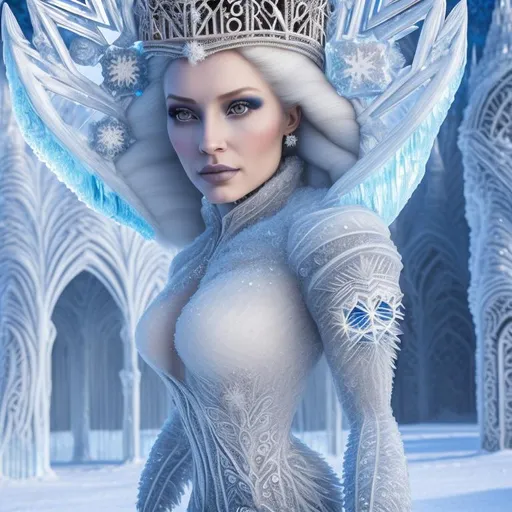 Prompt: Gorgeous and stunning queen who looks like she's been carved out of ice and snow. Her clothing is made of intricately crafted ice and snowflakes, each one glistening in the sunlight. Her beauty is breathtaking, as she stands tall and proud in front of a palace made entirely of ice. The palace is a work of art, with every detail carefully crafted to create a stunning and awe-inspiring structure. The queen commands attention with her regal demeanor and icy beauty, her presence exuding a sense of power and elegance. This scene is inspired by Genshin Impact, an anime with a fantastical world full of magic and wonder. --ar 16:9 --q 2 --upbeta --v 5