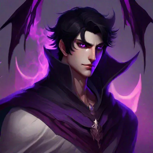 Prompt: Desmosin (male, black hair, purple eyes) wearing a cape, demon