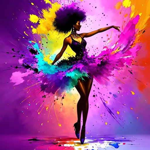 Prompt: A woman dancing, digital watercolor painting, paint splatter, bold brush strokes, dark skin, purple pink green gold colors, symmetrical