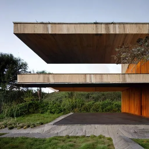 Prompt: Modern house, Italian and South American syle, famous architects, on the coast, prize winning, realistic, sunset, light colors, wood and stone, green roof, contemporary, minimal, Archdaily. 