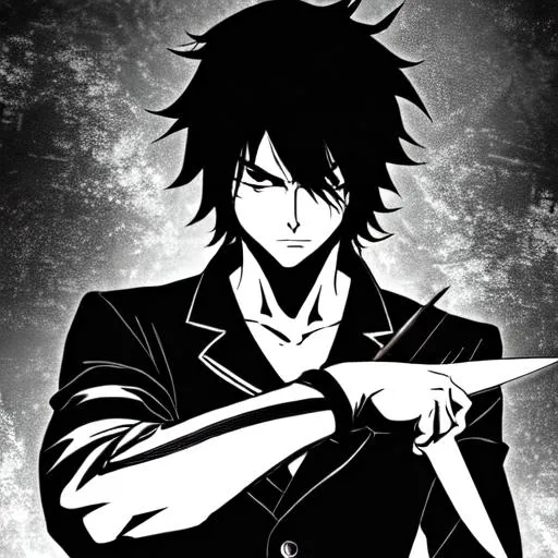 Prompt: handsome anime killer holding a knife in dark anime background