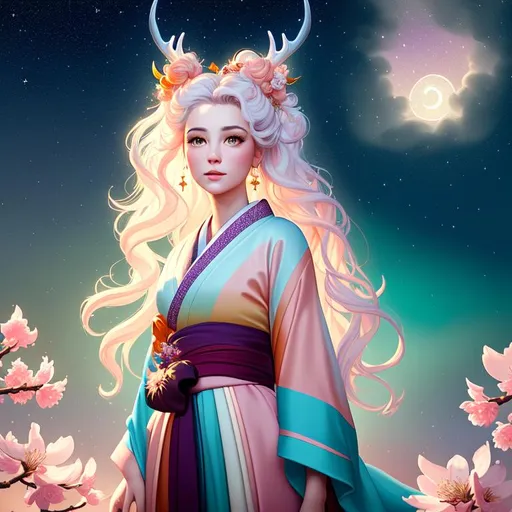 Prompt: painting of a beautiful girl, style of Fragonard, Pixar, Bob Ross, (messy hair), arms showing, legs showing, dusk, midnight, ((night sky)), sakura, peach, teal, bioluminescent, veils, (wearing intricate kimono), (white stag horns),  (fluffy white wolf ears), stars, ((yggdrasil in the background)), glowing, river, stream, lanterns, world tree, night sky, delicate, soft, silk, threads, ethereal, nebula, galaxy, luminous, ribbons, 3D lighting, soft light