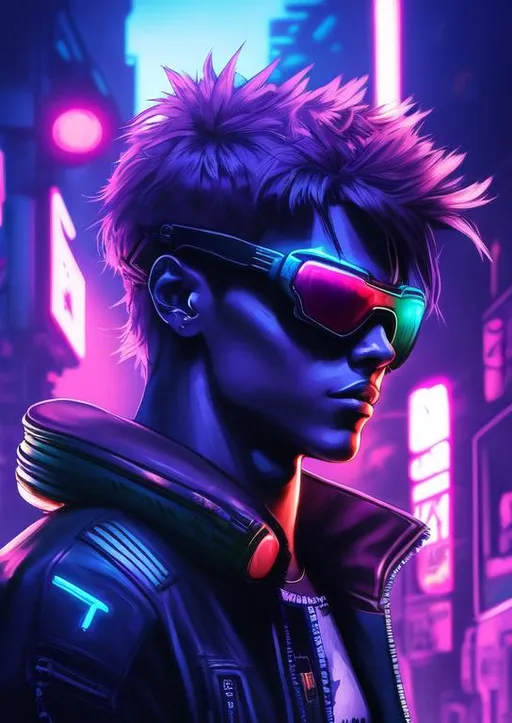 Prompt: a cyberpunk street,  vibrant,  young man, brilliant colors, synthwave palette,  sunset behind, realistic,  highly detailed digital art, warrior,  leather jacket, futuristic, Neo Tokyo, 