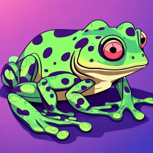 Prompt: Cute frog lying down, propping his head and looking at his legs, bright colors, chiaroscuro, super high detail, 4k, flat illustration