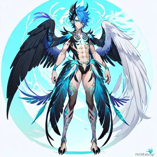 Prompt: Full body of a male harpy. He has blue and purple feathers on his face and skin. His hair is made of peacock feathers. He has two large wings. He has a long tail covered in feathers like Sinosauropteryx. He has black claws. He has glowing tattoos on his skin. His skin is covered in feathers and scales. His eyes are yellow with slit pupils.