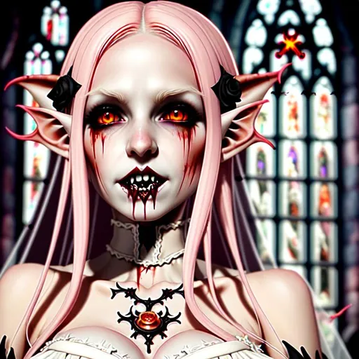 Prompt:  ultra realistic detailed elf  female vampire, soft pink  hair, 
soft orange eyes, soft white  skin, wearing gothic wedding dress , fangs bared, blood dripping from lips,  
victorian church background