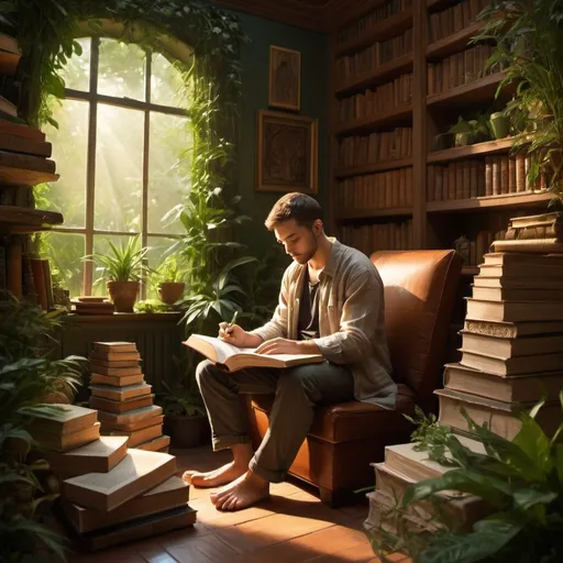 Prompt: A person sitting in a contemplative pose, surrounded by symbols of introspection and growth. This could include images like books, plants, or symbolic elements that represent personal discovery.