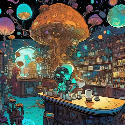 Prompt: "Detailed vibrant coffeeshop in space, Beautiful, curvy alien barista making espresso, cosmic, goddess, golden orbs, bioluminescent mushrooms, artwork by Brian Kesinger, Kilian Eng, Erin Hanson, Ralph Steadman, Richard Anderson :: Epic scale, highly detailed, clear environment, triadic colors cinematic light 16k resolution, trending on artstation"