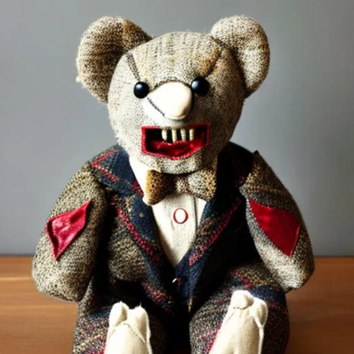 Prompt: half teddy bear, half Dracula made out of tweed