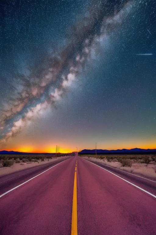 Prompt: Dark desert highway, night time, tumbleweed, cacti, pink, abandon gas station, stars in the sky, ultra detailed, photorealistic , 4k, HD, centered, aesthetic, popular on Etsy, feminine