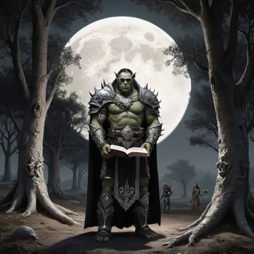 Prompt: An orcish figure standing in the moon. he is holding a book. On the book is black embroidering. In the trees nearby a woman is watching him. She is far back.  She is in a black dress. the orcish figure is in plated armor. He is standing in a clearing near tress. It is lifelike.