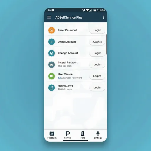 Prompt: Design an Android mobile app screen with a clean, modern layout. At the top, display the brand logo with the name ADSelfService Plus. Below the logo, include four primary buttons labelled: Reset Password, Unlock Account, Change Password, and User Onboarding. Each button should have rounded corners, and a relevant icon on the left, followed by the label name. On clicking the reset Password button, it will open a screen for entering the username.

Under these buttons, add two text links: "Server Settings" and "Login". At the bottom of the screen, place four secondary action buttons labelled: Feedback, Help, Mobile Auth, and Settings. Use a professional color scheme, rounded buttons, and visually balanced spacing for an enterprise-grade look.


can you create a screen and share me the image?