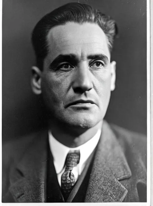 Prompt: Mugshot 1930s vintage gangland mob boss in suit. broken nose, slick back hair, photograph speed graphic film camera film grain. booking photo, mugshot