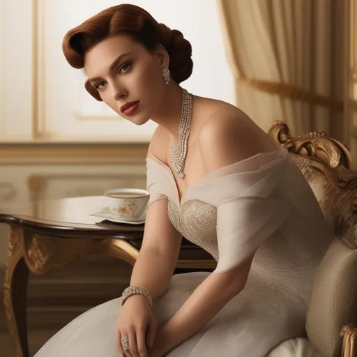 Prompt: Alcina Dimitrescu in a captivating live-action portrayal by the talented Scarlett Johansson, featuring her signature elegance and charm.