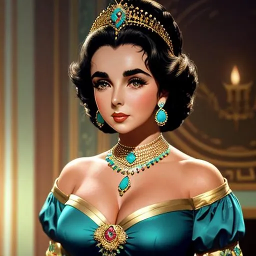 Prompt: young Elizabeth Taylor as an extremely gorgeous woman,  with dark hair in top knots, turquoise and gold jewels