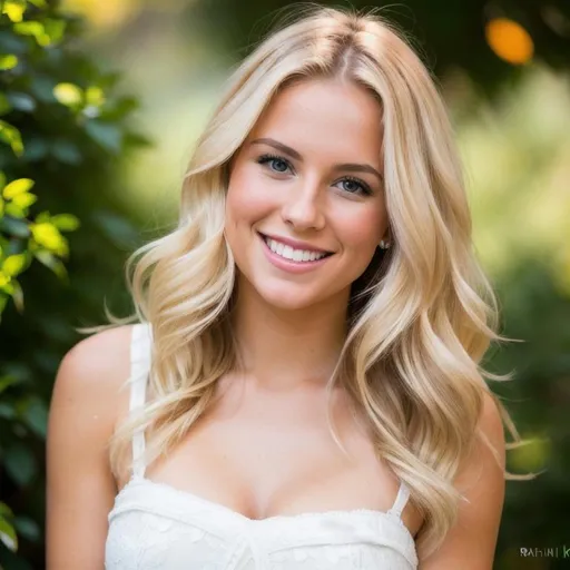 Prompt: cute and very attractive, beautiful 24 year old, american woman, blond hair, beautiful dress, beautiful smile