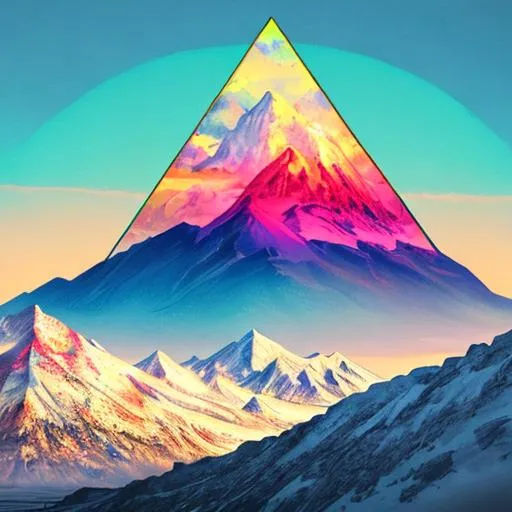 Prompt: landscape of a Colorful futuristic nature, hyper realistic, a big mountain in the shape of a perfect triangle and an eye in the center of the mountain