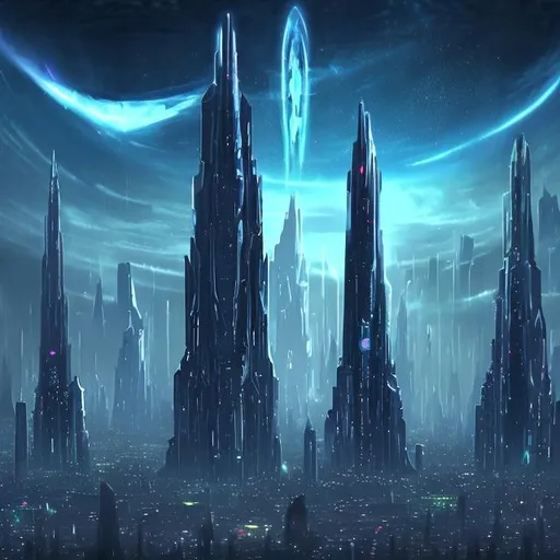 Prompt: Futuristic Tall black towers on deep dark ocean dark sky spaceships night lights hover ships dark tall city lots and lots of small floating ships hovering above clouds big planet with rings closeby spaceships hovering super tall mega skyscraper