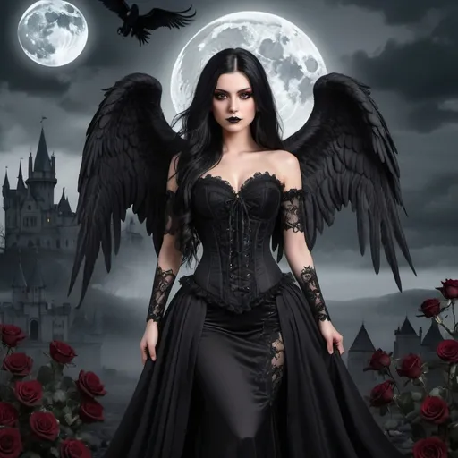 Prompt: A tall dark angel woman, with long black hair, brown eyes, black long wings, dressed with a black laces corset. She is adorned in an elegant black long dress with intricate lace details and stunning black roses. The background is a landscape with a goth castle, with big black wolves, fullmoon, and black skulls on the ground. Full body photo.