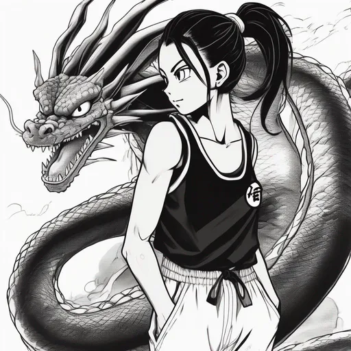 Prompt: Dragon Ball art style, young adult female, wearing black and white GI, shenron background, black baggy pants, black short ponytail, black eyes.