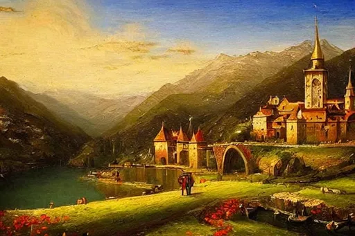 Prompt: realistic medieval oil painting of beautiful scenery