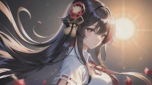 Prompt: straight hair,breasts，straight hair,breasts,japanese_clothes,hair_flower,hair_ornament,miko，(masterpiece, illustration, best quality:1.2)，beautiful detailed eyes, beautiful detailed shading, beautifully detailed background，profile，look sideways，red eyeshadow