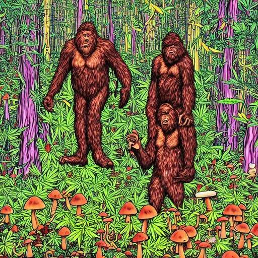 Prompt: Bigfoot surrounded by mushrooms, marijuana plants and redwood trees in a psychedelic style 